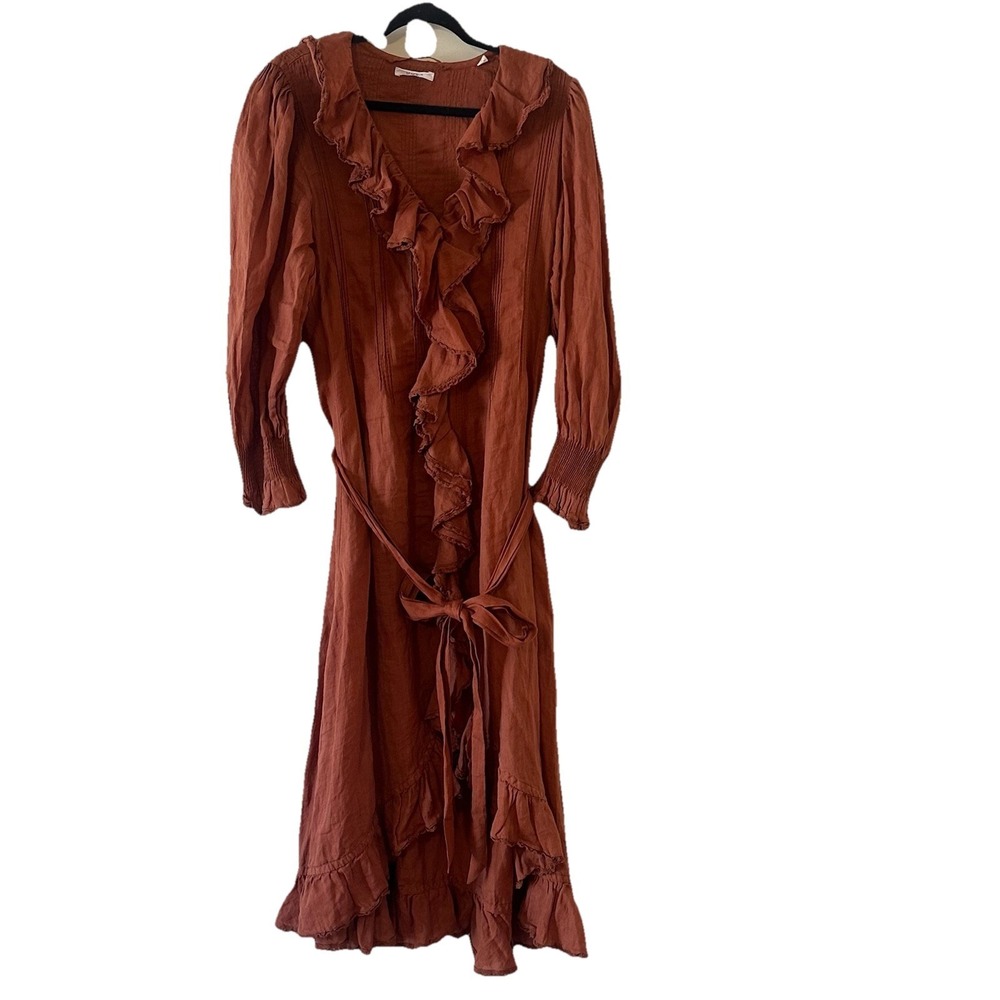 Dôen Womens Nadia Burled Redwood Ruffle Hi Low Maxi Gown Button Dress‎ Sz Large